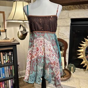 Y2K Brown Teal Babydoll Sequin Tank Top Fairy Going Out Vintage Large Cottage